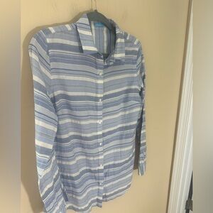 J. McLaughlin Womens Blue White Stripe Long Sleeve Button Down Blouse Sz M